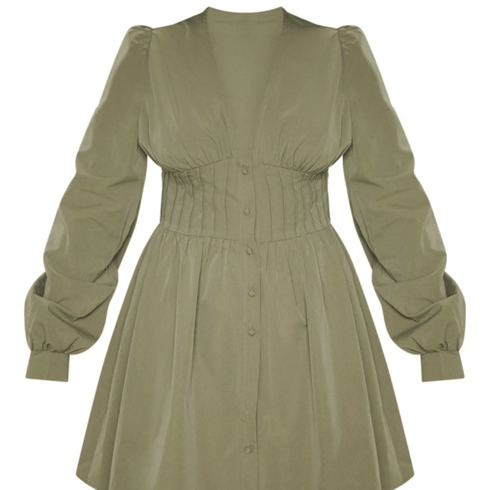 KHAKI BUTTON FRONT FITTED PUFF SLEEVE SKATER DRESS - Pretty Little Thing